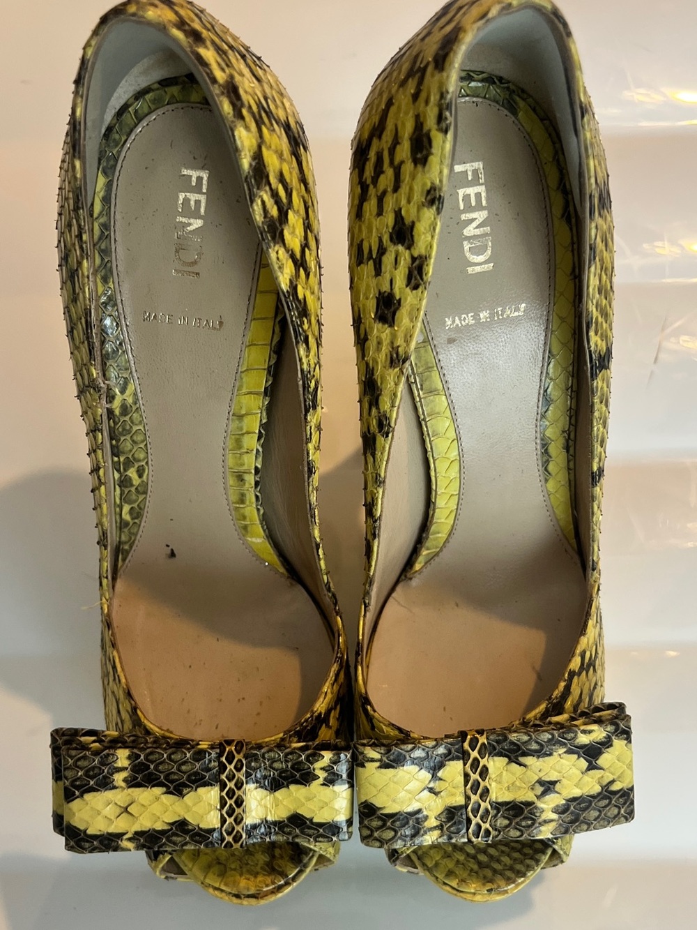 Fendi Yellow and Black Python Peep-Toe Pumps with Bow